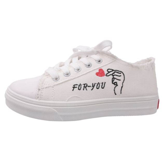 Platform Heart Embroidered Frayed Canvas Lace-Up Sneakers SpreePicky