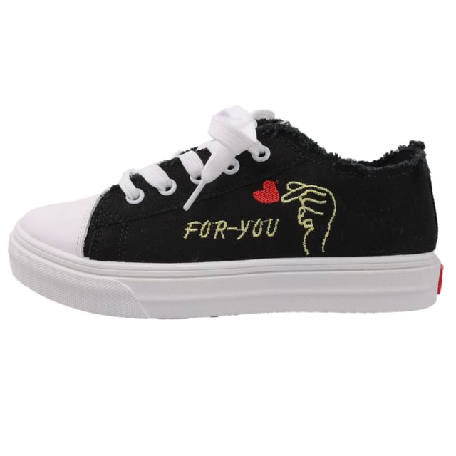 Platform Heart Embroidered Frayed Canvas Lace-Up Sneakers SpreePicky