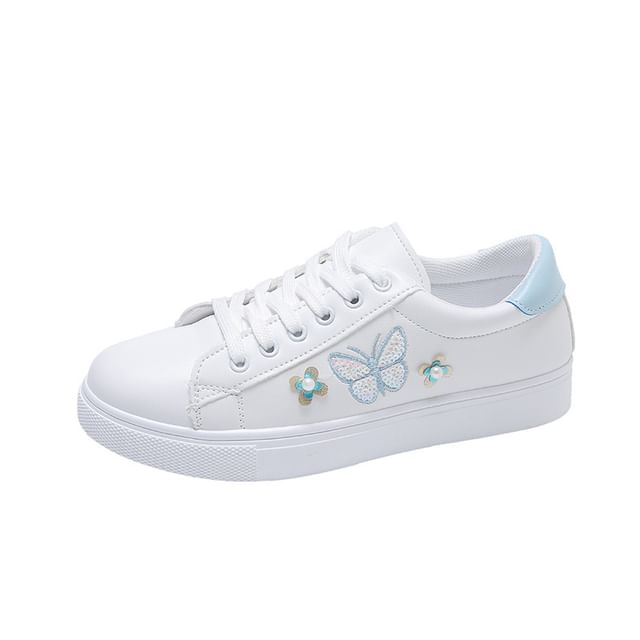 Platform Butterfly Embroidered Faux Pearl Accent Lace-Up Sneakers SpreePicky