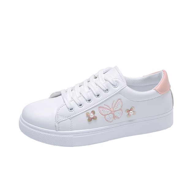 Platform Butterfly Embroidered Faux Pearl Accent Lace-Up Sneakers SpreePicky