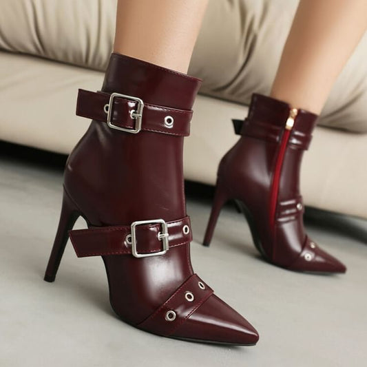 Pointed Toe Buckled High Heel Short Boots SpreePicky