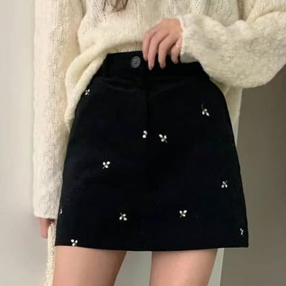 High Waist Flower Embroidered Mini Straight Skirt SpreePicky