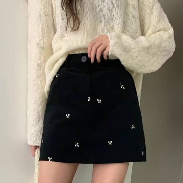 High Waist Flower Embroidered Mini Straight Skirt SpreePicky