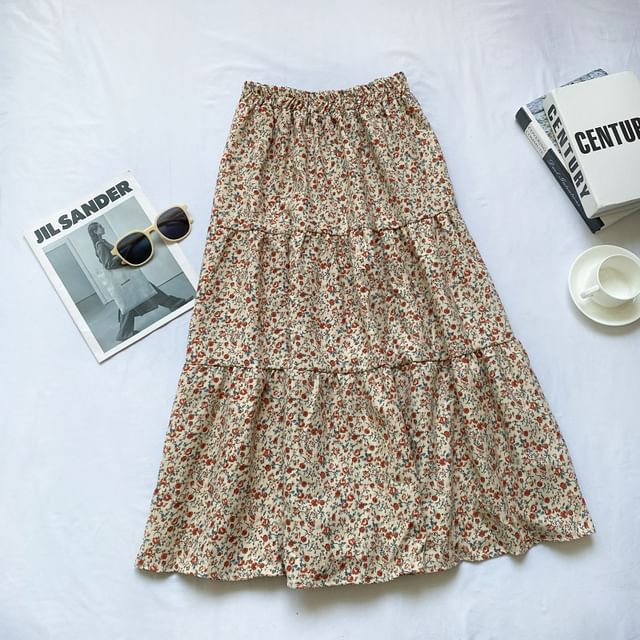 Elastic Waist Floral Tiered Corduroy Midi A-Line Skirt mySite