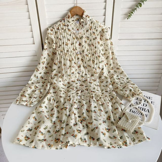 Long-Sleeve Floral Frill Trim Button A-Line Dress mySite