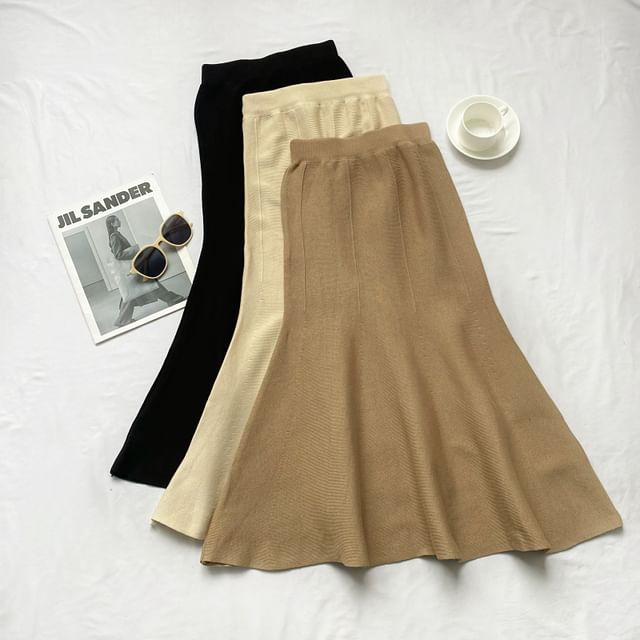 Elastic Waist Plain Midi Mermaid Knit Skirt mySite