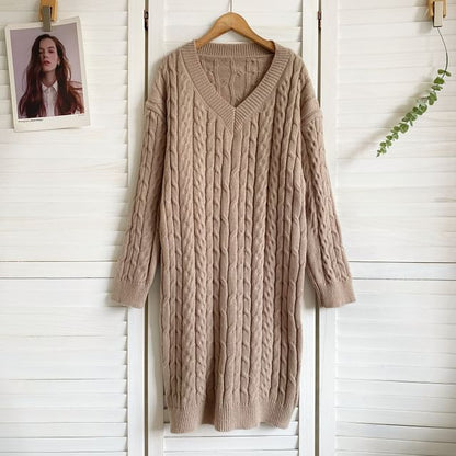 V-Neck Plain Cable Knit Sweater Dress mySite