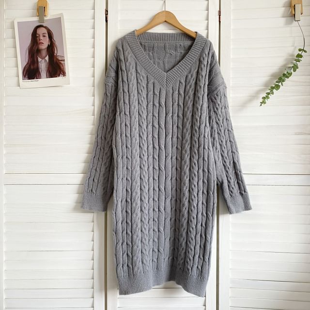 V-Neck Plain Cable Knit Sweater Dress mySite