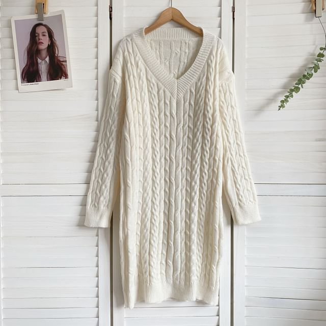 V-Neck Plain Cable Knit Sweater Dress mySite