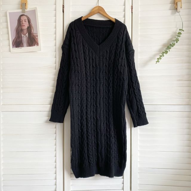 V-Neck Plain Cable Knit Sweater Dress mySite