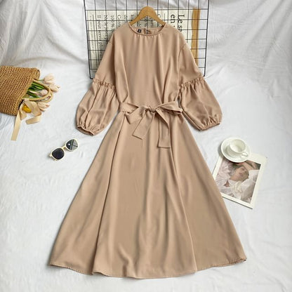 Long-Sleeve Crew Neck Plain Sashed Midi A-Line Dress mySite