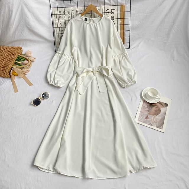 Long-Sleeve Crew Neck Plain Sashed Midi A-Line Dress mySite