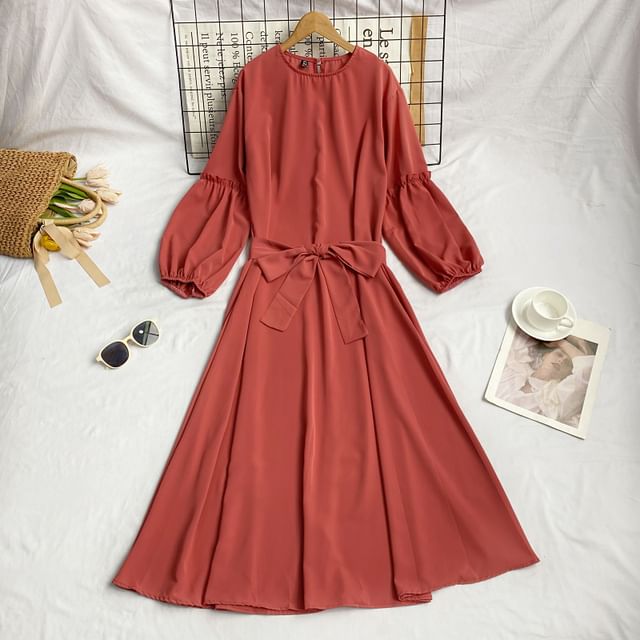 Long-Sleeve Crew Neck Plain Sashed Midi A-Line Dress mySite