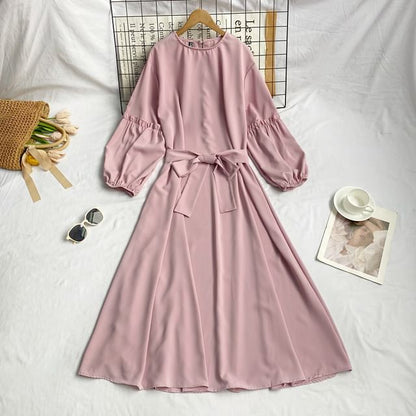 Long-Sleeve Crew Neck Plain Sashed Midi A-Line Dress mySite