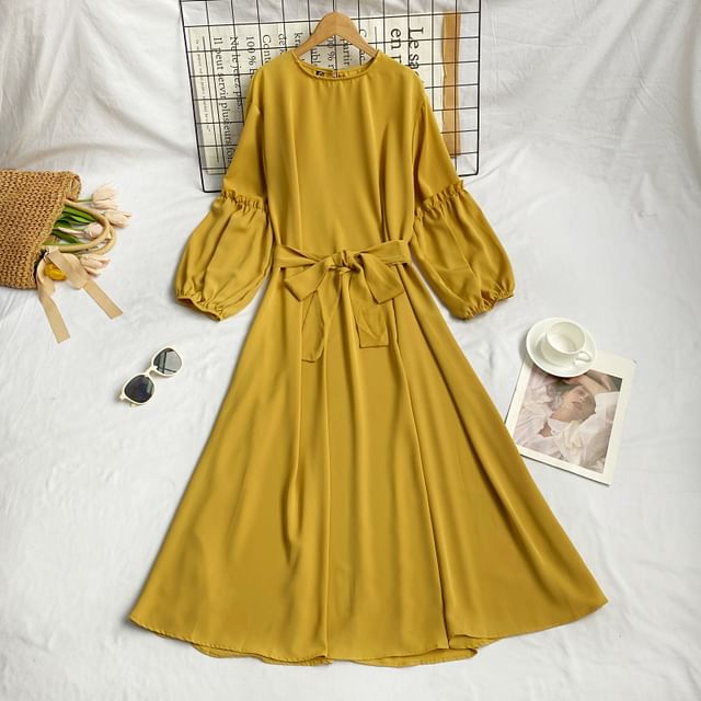 Long-Sleeve Crew Neck Plain Sashed Midi A-Line Dress mySite