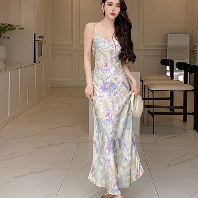 Spaghetti Strap V-Neck Floral Print Maxi Mermaid Dress SpreePicky