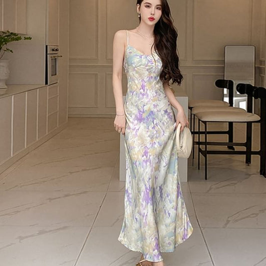 Spaghetti Strap V-Neck Floral Print Maxi Mermaid Dress SpreePicky