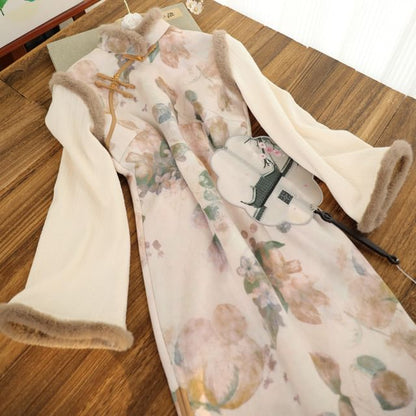 Long-Sleeve Floral Fluffy Trim Midi Qipao SpreePicky