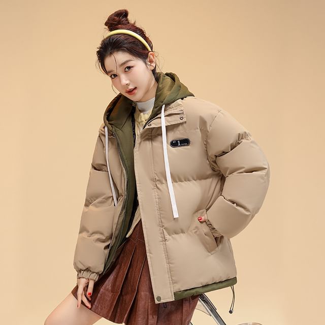 Mock Two-Piece Two-Tone Padded Hooded Drawstring Zip Jacket SpreePicky