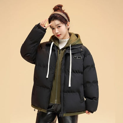 Mock Two-Piece Two-Tone Padded Hooded Drawstring Zip Jacket SpreePicky