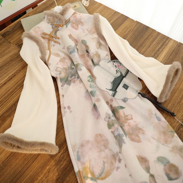 Long-Sleeve Floral Fluffy Trim Midi Qipao SpreePicky