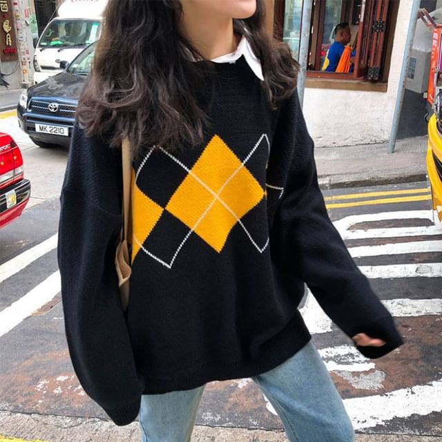 Crewneck Printed Plaid Color-Block Oversize Sweater SpreePicky