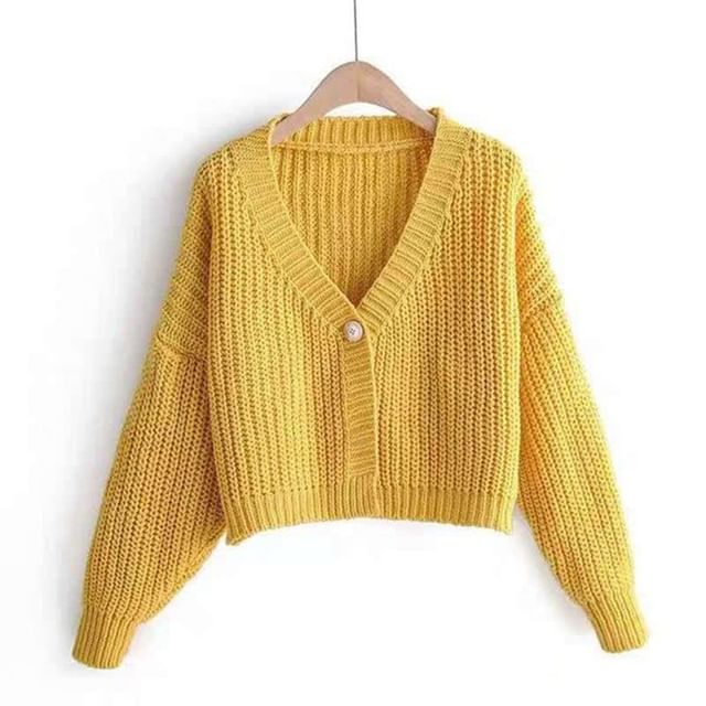 V-Neck Plain Cropped Cardigan SpreePicky