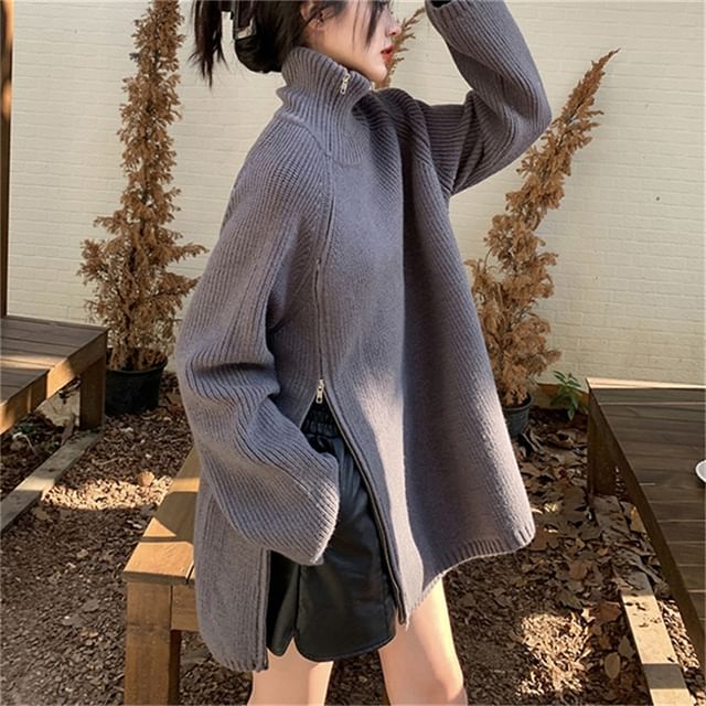 Turtleneck Plain Zip Split Oversize Sweater SpreePicky