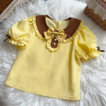 Short-Sleeve Bow Frill Trim Blouse / Bee Print A-Line Overall Dress / Jumper Shorts / Arm Sleeves / Bow / Underskirt / Headband / Set SpreePicky