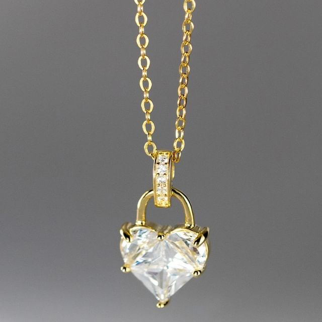 Heart Lock Rhinestone Pendant Sterling Silver Necklace SpreePicky