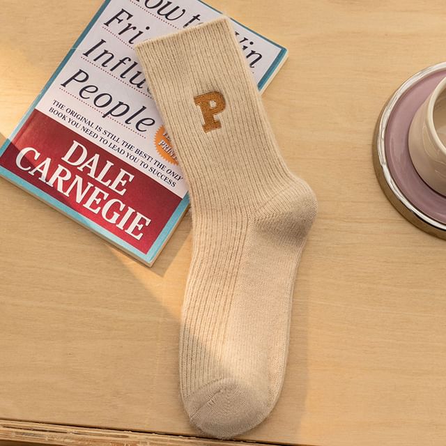 Letter Embroidered Ribbed Socks SpreePicky