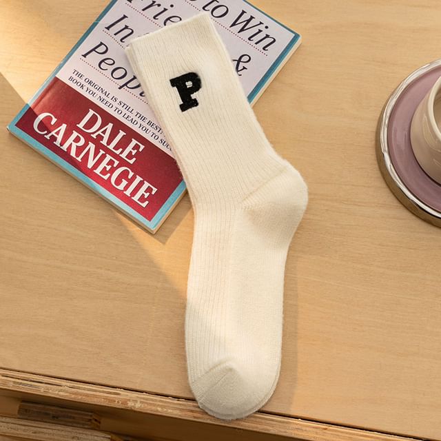 Letter Embroidered Ribbed Socks SpreePicky