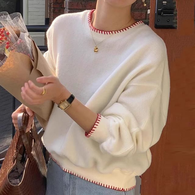 Crew Neck Plain Contrast Stitching Sweater SpreePicky