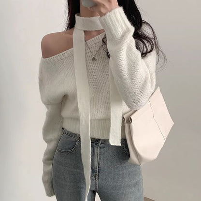 Set: Off-Shoulder Plain Sweater + Scarf SpreePicky