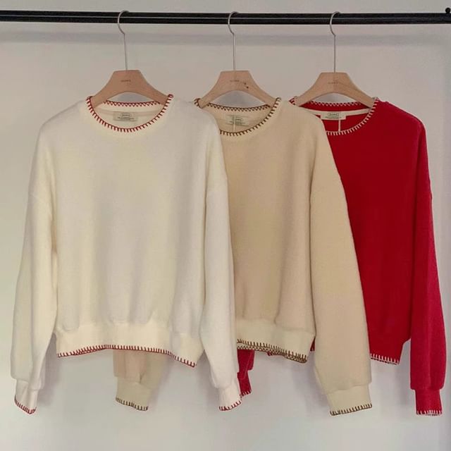 Crew Neck Plain Contrast Stitching Sweater SpreePicky