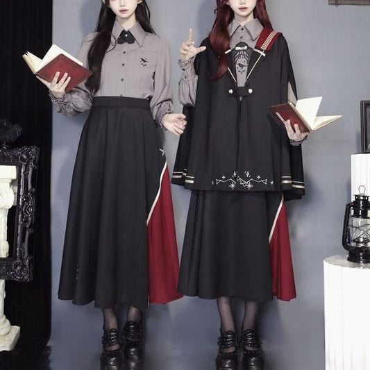 Lolita Long-Sleeve Collared Bird Embroidered Pintuck Shirt / Cape / High Waist Panel Midi A-Line Skirt / Set mySite