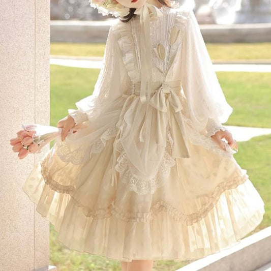 Long-Sleeve Round Neck Lolita Floral Applique Bow Ruffle Panel A-Line Dress mySite