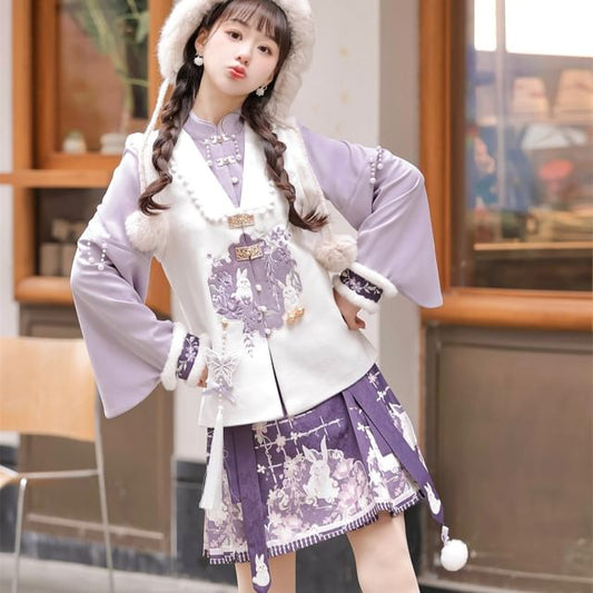 Long-Sleeve Mandarin Collar Lolita Floral Embroidered Fluffy Trim Blouse / V-Neck Rabbit Embroidered Faux Pearl Button Vest / High Waist Print Pleated Mini A-Line Skirt / Charm / Set mySite