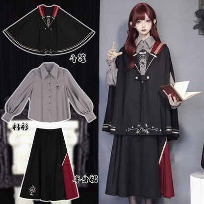 Lolita Long-Sleeve Collared Bird Embroidered Pintuck Shirt / Cape / High Waist Panel Midi A-Line Skirt / Set mySite