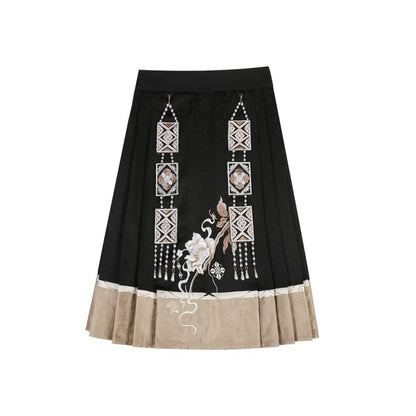 Lolita V-Neck Floral Embroidered Fluffy Trim Frog Closure Vest / High Waist Pleated Midi A-Line Skirt / Faux Pearl Charm / Long-Sleeve Mandarin Collar Blouse / Tassel Crossbody Bag / Set mySite