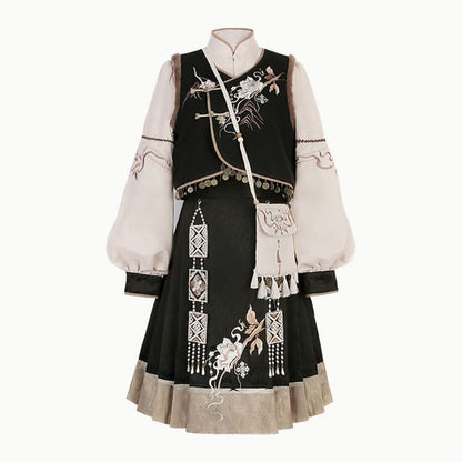 Lolita V-Neck Floral Embroidered Fluffy Trim Frog Closure Vest / High Waist Pleated Midi A-Line Skirt / Faux Pearl Charm / Long-Sleeve Mandarin Collar Blouse / Tassel Crossbody Bag / Set mySite