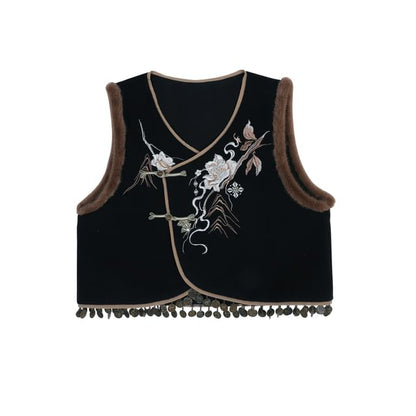 Lolita V-Neck Floral Embroidered Fluffy Trim Frog Closure Vest / High Waist Pleated Midi A-Line Skirt / Faux Pearl Charm / Long-Sleeve Mandarin Collar Blouse / Tassel Crossbody Bag / Set mySite