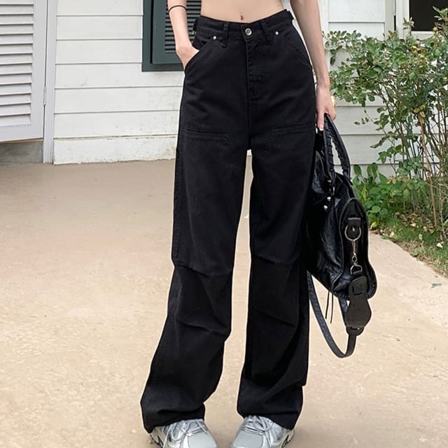 Low Waist Plain Straight-Fit Wide-Leg Cargo Pants SpreePicky