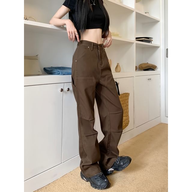 Low Waist Plain Straight-Fit Wide-Leg Cargo Pants SpreePicky