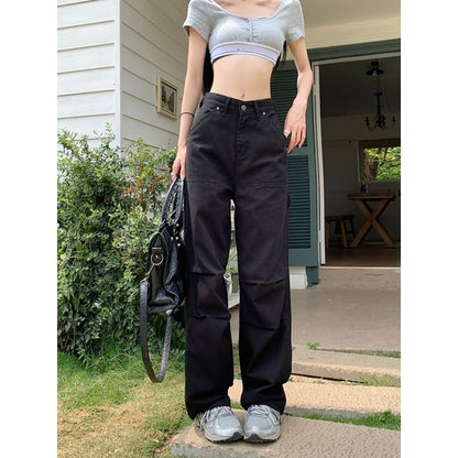 Low Waist Plain Straight-Fit Wide-Leg Cargo Pants SpreePicky