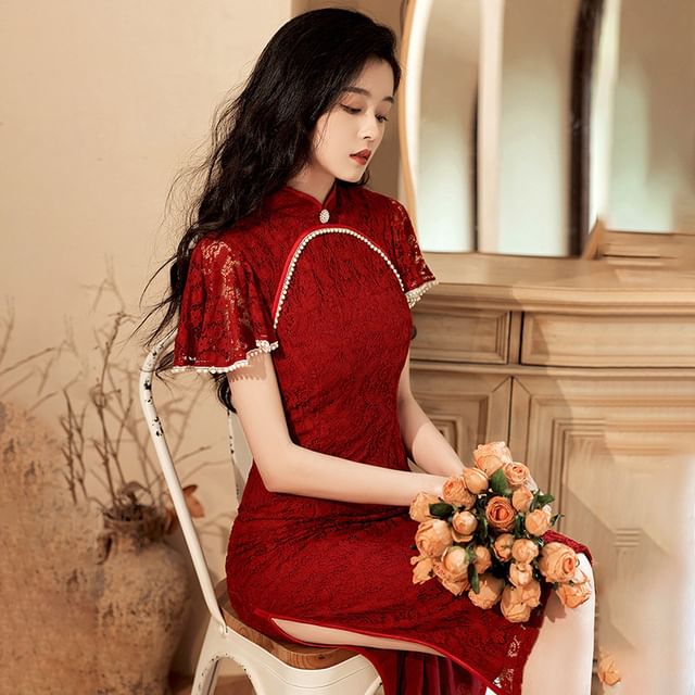 Short-Sleeve Lace Mini Qipao Dress SpreePicky