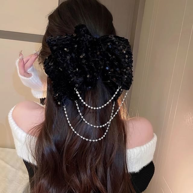 Bow Sequin Chained Hair Claw SpreePicky