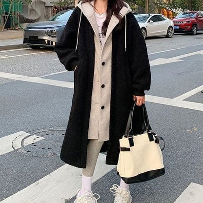 Mock Two Piece Hooded Faux Shearling Oversize Coat SpreePicky