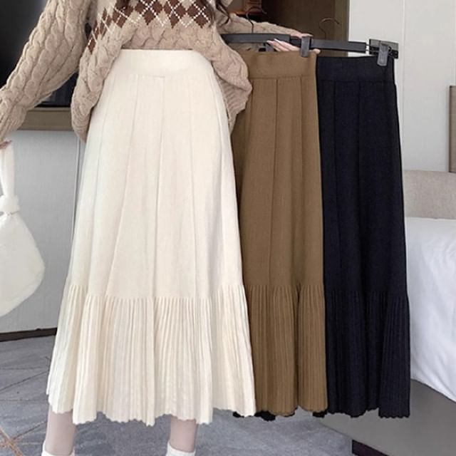 High Waist Plain Midi A-Line Knit Skirt SpreePicky