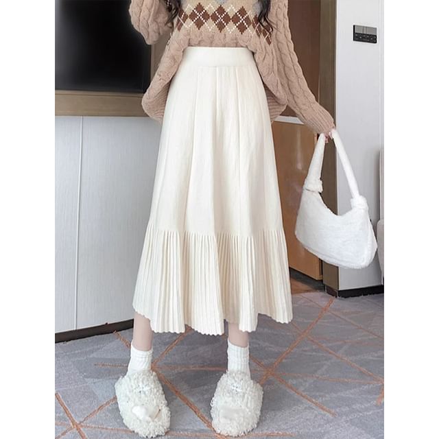 High Waist Plain Midi A-Line Knit Skirt SpreePicky